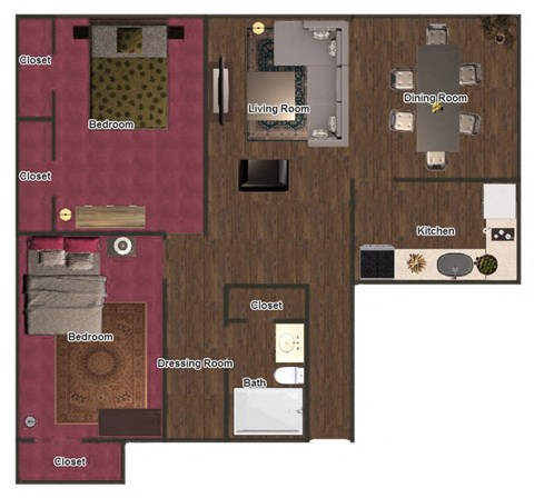 Floor plan for 2 beds, 1 bath, 770 sqft